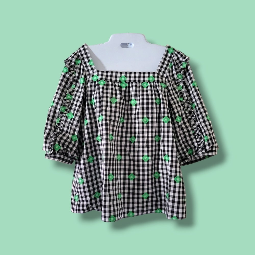 Kate Spade | NWOT Black/White Gingham Green Floral Embroidered Top
